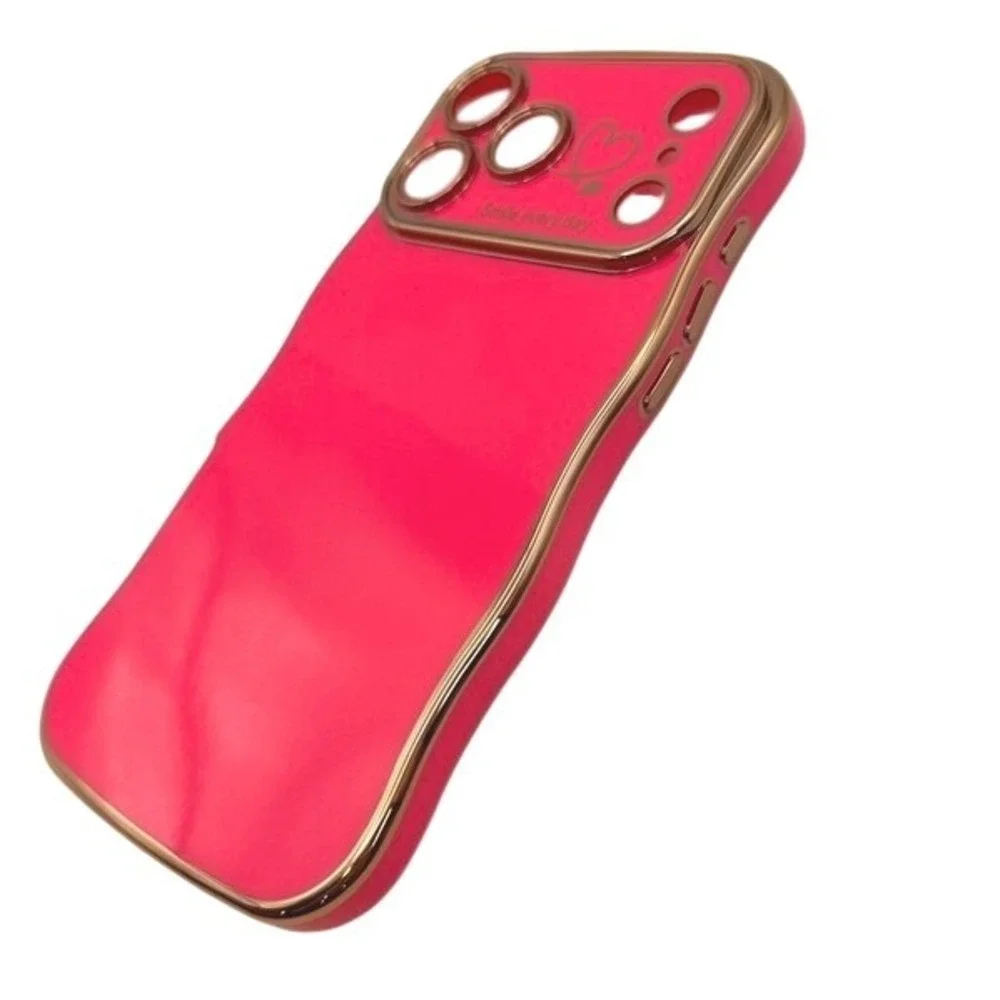 Wavy iPhone 17 ProMax Case Hot Pink Gold Heart Smile Everyday Cute Bright